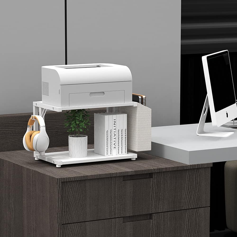 VEDECASA 2 Tier Modern White Wooden Under Desk Printer Stand with Storage Bag for Home Office Desktop Printer Table Organizer Mobile Printer Shelf Cart with Caster Wheel (White) - Image 2